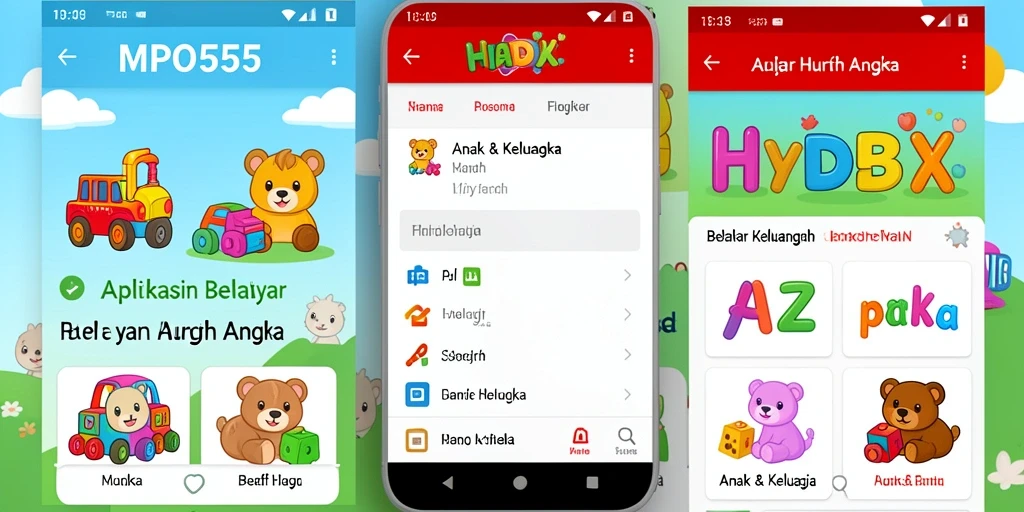 Antarmuka aplikasi MPO555 yang menarik untuk belajar huruf dan angka.